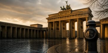 The Brandenburg Gate at dusk, its columns lit warm above rain-wet paving