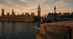 The Palace of Westminster and Big Ben along the Thames at sunset, seen from the South Bank